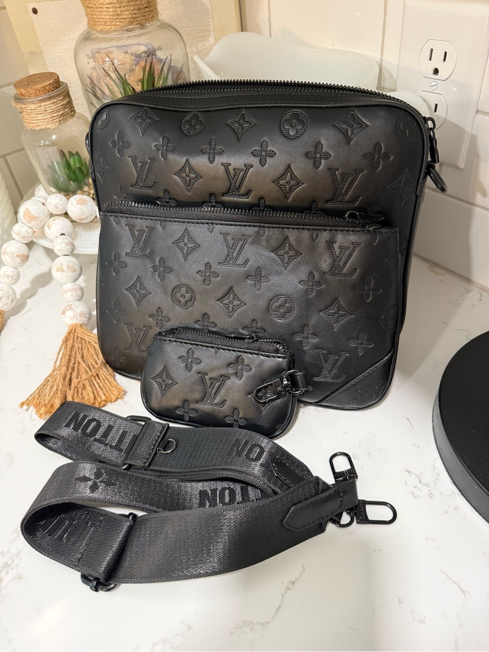 Black Monogram Embossed Messenger Bag with Strap